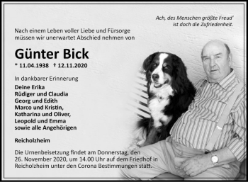 Traueranzeige von Günter Bick von Fränkische Nachrichten