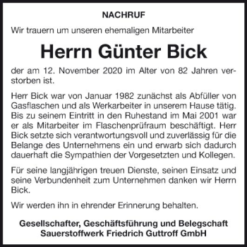 Traueranzeige von Günter Bick von Fränkische Nachrichten