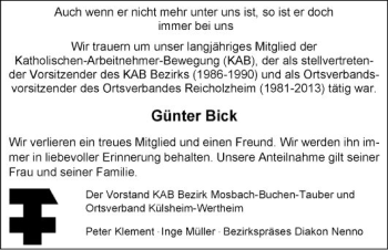 Traueranzeige von Günter Bick von Fränkische Nachrichten