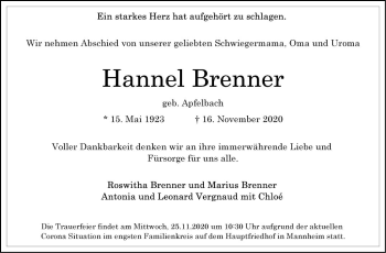 Traueranzeige von Hannel Brenner von Mannheimer Morgen