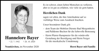 Traueranzeige von Hannelore Bayer von Fränkische Nachrichten