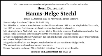 Traueranzeige von Hanns-Helge Stechl von Mannheimer Morgen