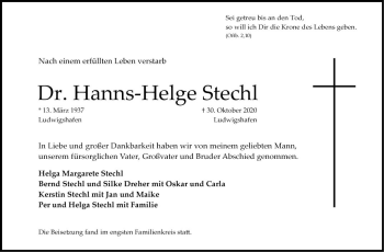 Traueranzeige von Hanns-Helge Stechl von Mannheimer Morgen