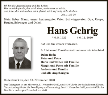 Traueranzeige von Hans Gehrig von Fränkische Nachrichten