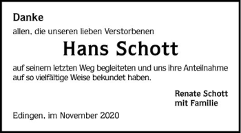 Traueranzeige von Hans Schott von Mannheimer Morgen