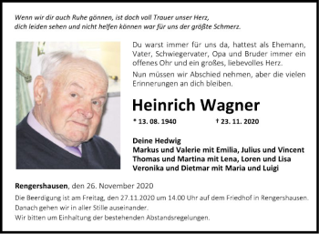 Traueranzeige von Heinrich Wagner von Fränkische Nachrichten