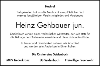 Traueranzeige von Heinz Gehbauer von Bergsträßer Anzeiger