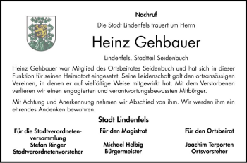 Traueranzeige von Heinz Gehbauer von Bergsträßer Anzeiger