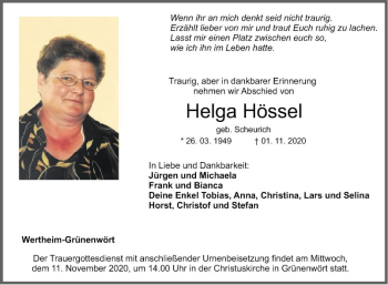 Traueranzeige von Helga Hössel von Fränkische Nachrichten