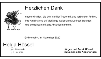 Traueranzeige von Helga Hössel von Fränkische Nachrichten