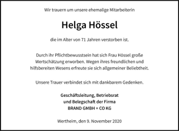 Traueranzeige von Helga Hössel von Fränkische Nachrichten