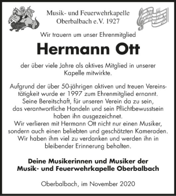 Traueranzeige von Hermann Ott von Fränkische Nachrichten