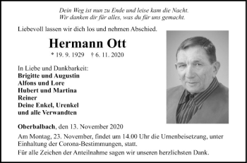 Traueranzeige von Hermann Ott von Fränkische Nachrichten