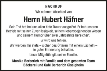 Traueranzeige von Hubert Häfner von Fränkische Nachrichten