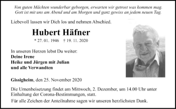 Traueranzeige von Hubert Häfner von Fränkische Nachrichten