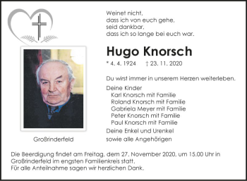 Traueranzeige von Hugo Knorsch von Fränkische Nachrichten