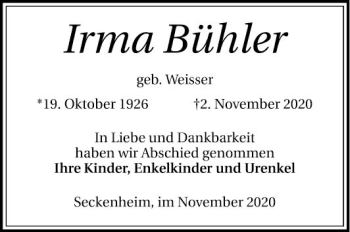 Traueranzeige von Irma Bühler von Mannheimer Morgen