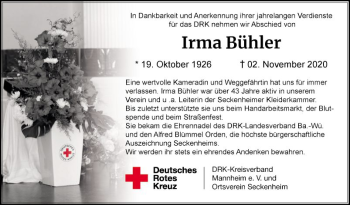 Traueranzeige von Irma Bühler von Mannheimer Morgen