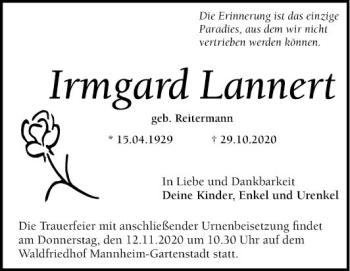 Traueranzeige von Irmgard Lannert von Mannheimer Morgen