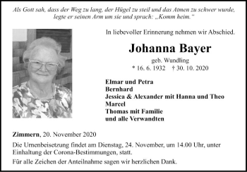 Traueranzeige von Johanna Bayer von Fränkische Nachrichten