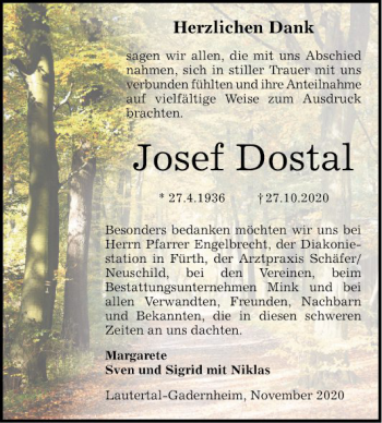 Traueranzeige von Josef Dostal von Bergsträßer Anzeiger