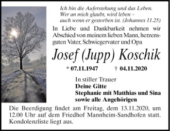 Traueranzeige von Josef Koschik von Mannheimer Morgen