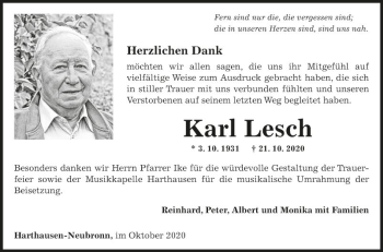 Traueranzeige von Karl Lesch von Fränkische Nachrichten