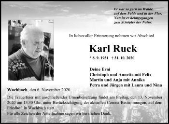 Traueranzeige von Karl Ruck von Fränkische Nachrichten