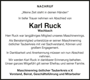 Traueranzeige von Karl Ruck von Fränkische Nachrichten