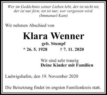 Traueranzeige von Klara Wenner von Mannheimer Morgen