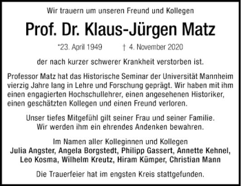 Traueranzeige von Klaus-Jürgen Matz von Mannheimer Morgen