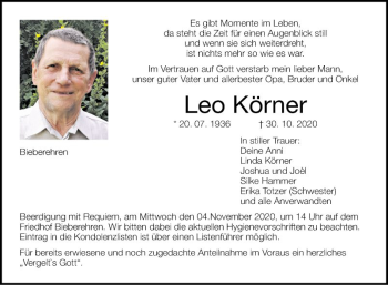 Traueranzeige von Leo Körner von Fränkische Nachrichten