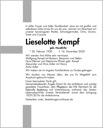 Traueranzeige von Lieselotte Kempf von Mannheimer Morgen