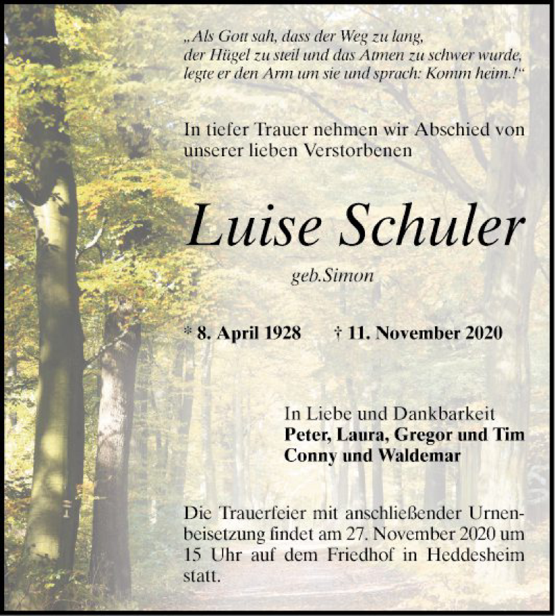  Traueranzeige für Luise Schuler vom 24.11.2020 aus Mannheimer Morgen