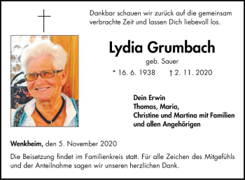 Traueranzeige von Lydia Grumbach von Fränkische Nachrichten