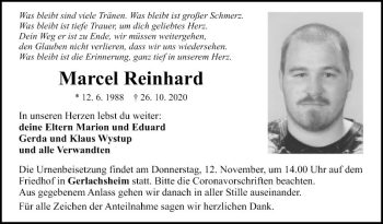 Traueranzeige von Marcel Reinhard von Fränkische Nachrichten