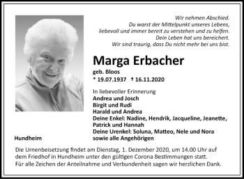 Traueranzeige von Marga Erbacher von Fränkische Nachrichten