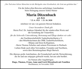 Traueranzeige von Maria Ditzenbach von Fränkische Nachrichten