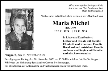 Traueranzeige von Maria Michel von Fränkische Nachrichten