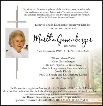 Traueranzeige von Martha Gossenberger von Fränkische Nachrichten