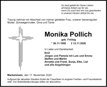 Traueranzeige von Monika Pollich von Fränkische Nachrichten