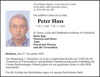 Traueranzeige von Peter Hass von Fränkische Nachrichten