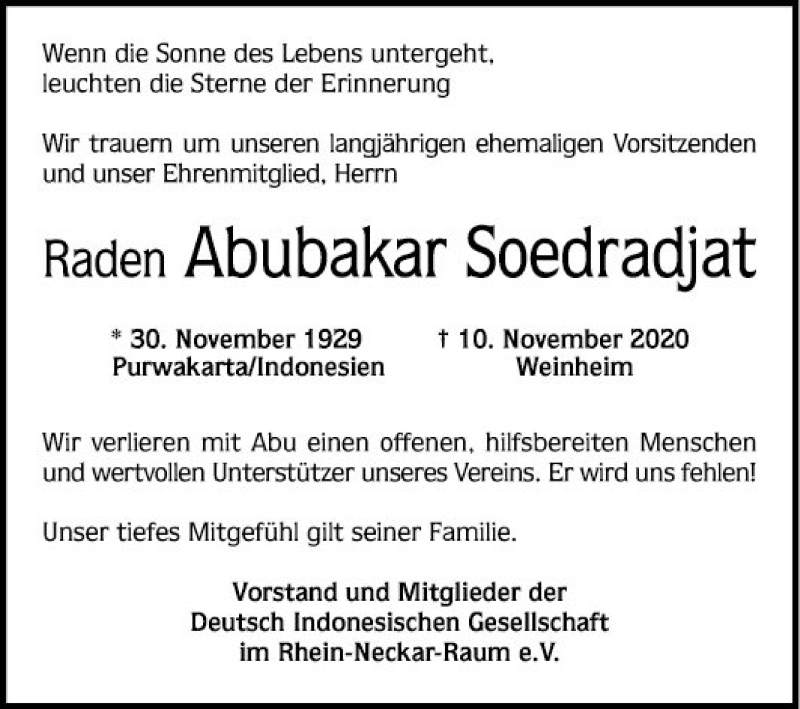  Traueranzeige für Raden Abubakar Soedradjat vom 21.11.2020 aus Mannheimer Morgen