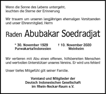 Traueranzeige von Raden Abubakar Soedradjat von Mannheimer Morgen