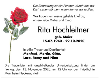 Traueranzeige von Rita Hochleitner von Mannheimer Morgen