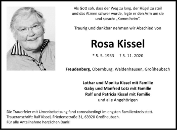 Traueranzeige von Rosa Kissel von Fränkische Nachrichten