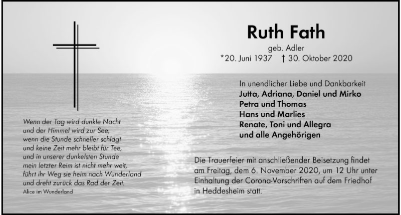  Traueranzeige für Ruth Fath vom 05.11.2020 aus Südhessen Morgen