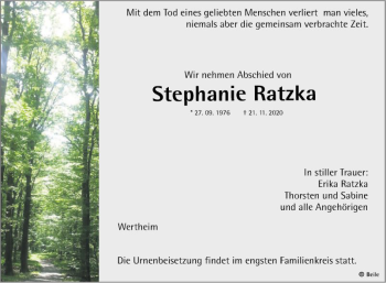 Traueranzeige von Stephanie Ratzka von Fränkische Nachrichten