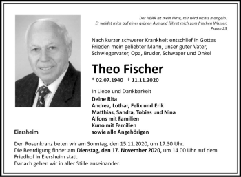 Traueranzeige von Theo Fischer von Fränkische Nachrichten