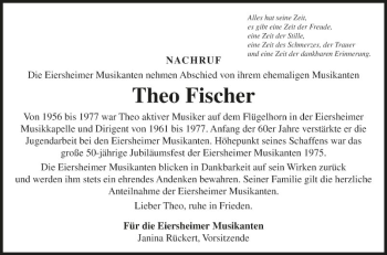 Traueranzeige von Theo Fischer von Fränkische Nachrichten